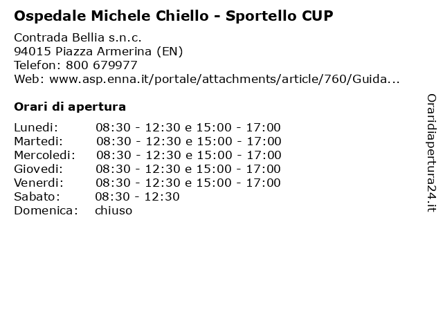 Orari di apertura Ospedale Michele Chiello Sportello CUP